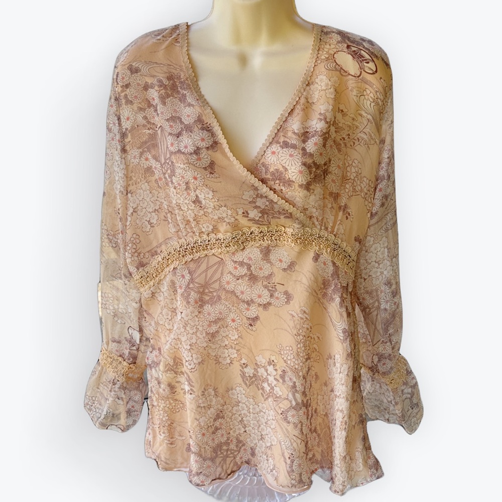 Ethereal Silk Flowy Boho Lace-Trimmed Romantic Floral Pale Peach V-Neck Top ~ XL - Picture 15 of 15